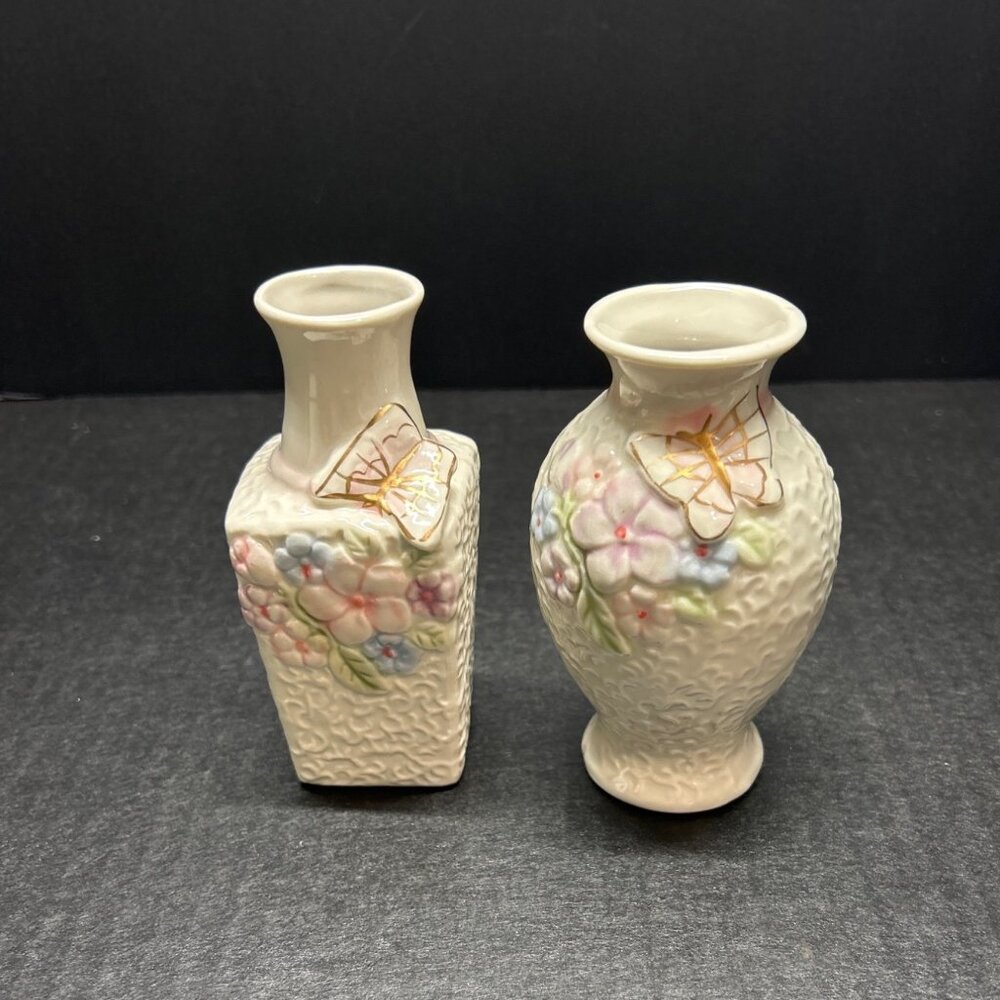 Vintage Porcelain Bud Vase Butterfly Flower Pattern Cream Pink 5'' - Set Of 2